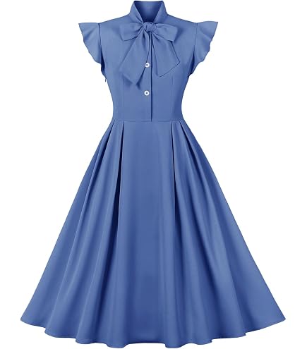Vintage Women 1940s Bow Tie Neck Dress Retro 40s 50s Button Up Business Work A-line Cocktail Dresses Black S : Clothing, Shoes & Jewelry