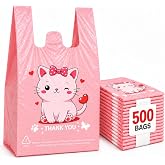 YoYoRain 500 Count Pink Cat Design T-Shirt Bags, 11 x 6 x 21 in | Durable HDPE with handles, cute pink cat print, carryout sacks for grocery, retail, takeout and small business