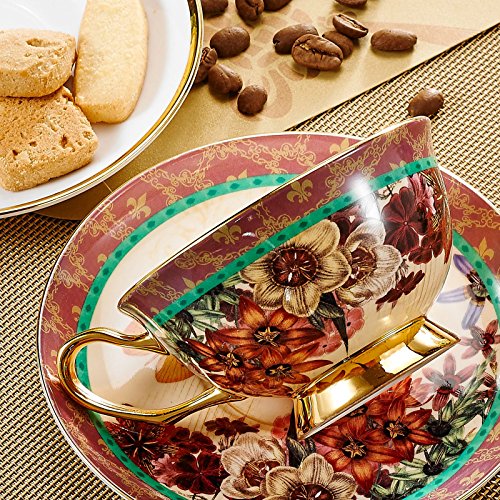 Panbado 3-Piece Bone China Tea Cup Saucer Set With Spoon Porcelain Gold Rimmed Teacup Coffee Set, Butterfly And Flower, 200 mL/6.8 oz., Multi-Color