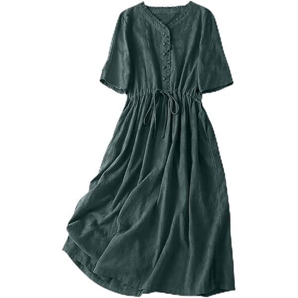 Women's Summer Cotton Linen Dress Literary Classic Round Neck Mid-Sleeve  Belted Swing Long Dress for Casual Daily Light Blue XS at Amazon Women's  Clothing store