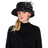 HIMESPORT Women's Wool Felt Cloche Hat with Flower Feather Hepburn Style Formal Church Tea Party Dress Cocktail Hats