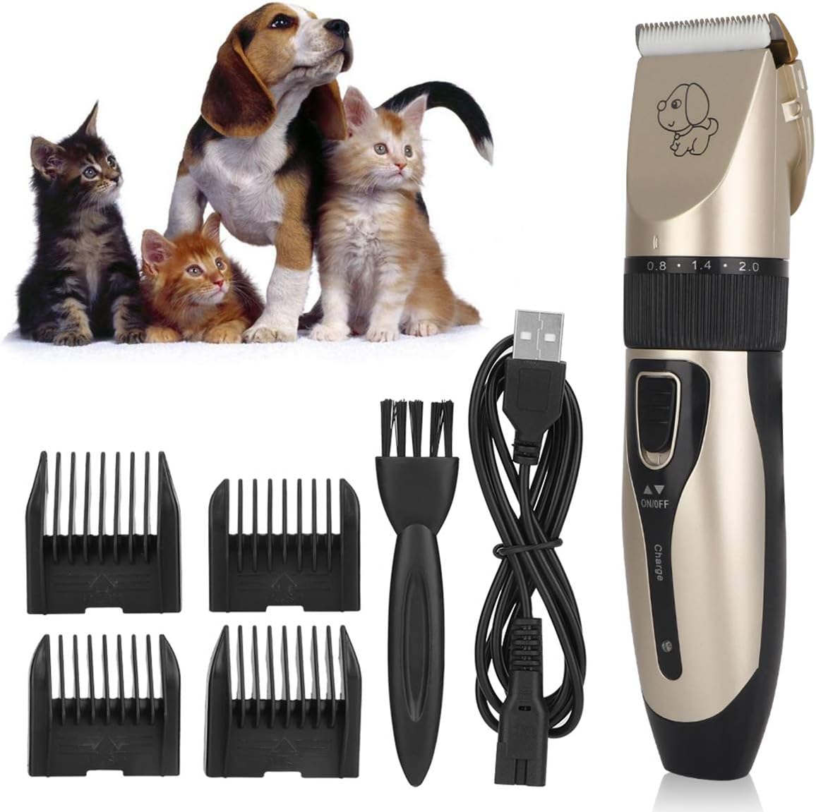 Eurobuy Dog Clippers, USB Rechargeable Cordless Cat Shaver with Comb Guides, 5-Speed 50 DB Ultra-Quiet Hair Clippers Set Waterproof Electric Dog Trimmer Grooming Kit for Small & Large Dogs Cats Pets