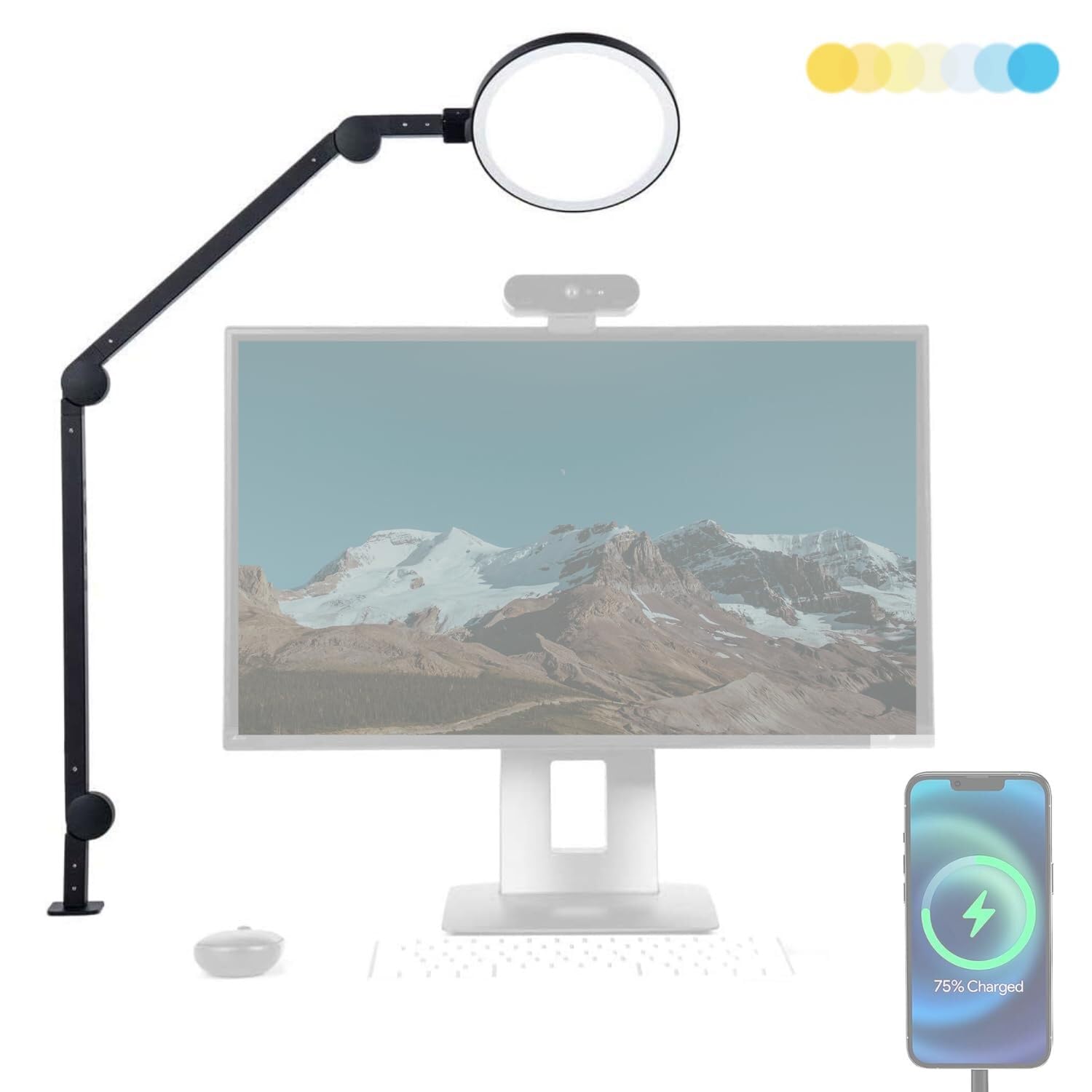 Photo 1 of LUME CUBE Edge Light 2.0 LED Black Desk Lamp | Dimmable Home Office Desk Light with USB Charging Port & Strong Swing Arm | Adjustable Color Temperature and Brightness | Circle Webcam Light