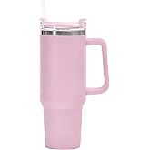 FAMKX 40oz Insulated Travel Mug Tumbler With Handle and Straw,Stainless Steel Double Wall Vacuum Cup Keep Drink Cold and Hot (Pink)