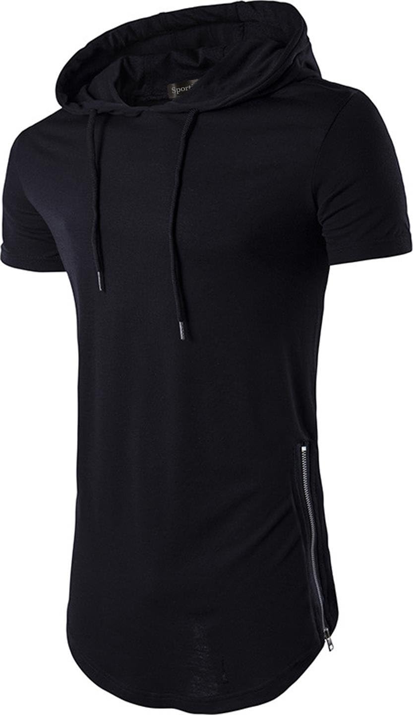 Mens Casual Longline T-Shirt Short Sleeve Hoodies Zipper Hip Hop Tee Tops JZA028