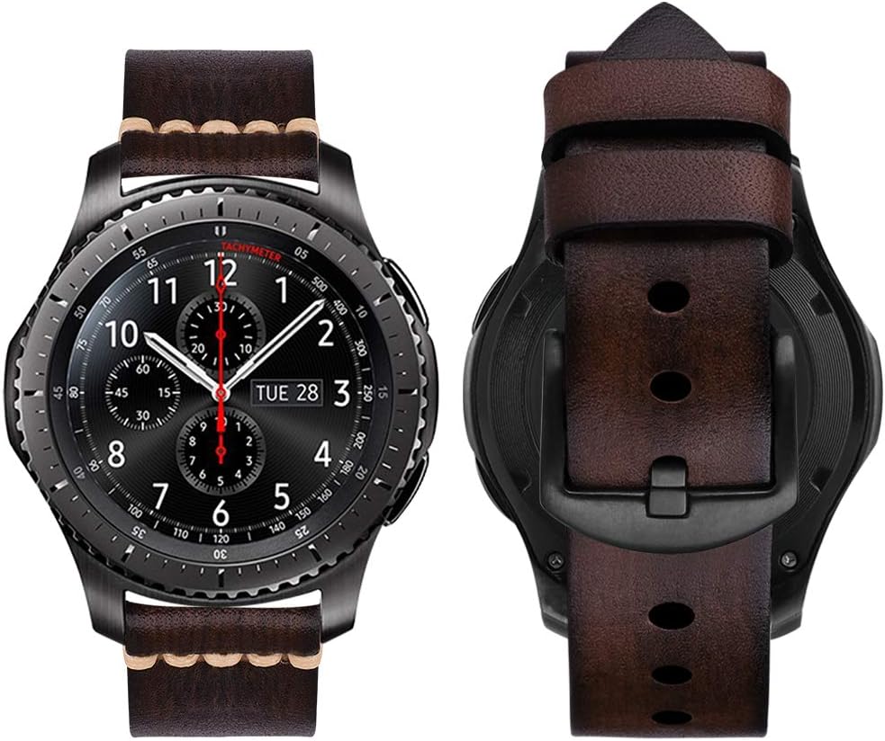 iBazal Gear S3 Watch Band 46mm, Gear S3 Frontier/Classic Bands with Black Clasp 22mm Genuine Leather Replacement Strap for Samsung Gear S3 Frontier/Classic SM-R760/Pebble Time-Coffee