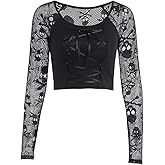 TSMNZMU Womens Gothic Crop Tops Skull Mesh Long Sleeve T-Shirt Punk Crewneck Grunge Alt Shirt for Emo Girl