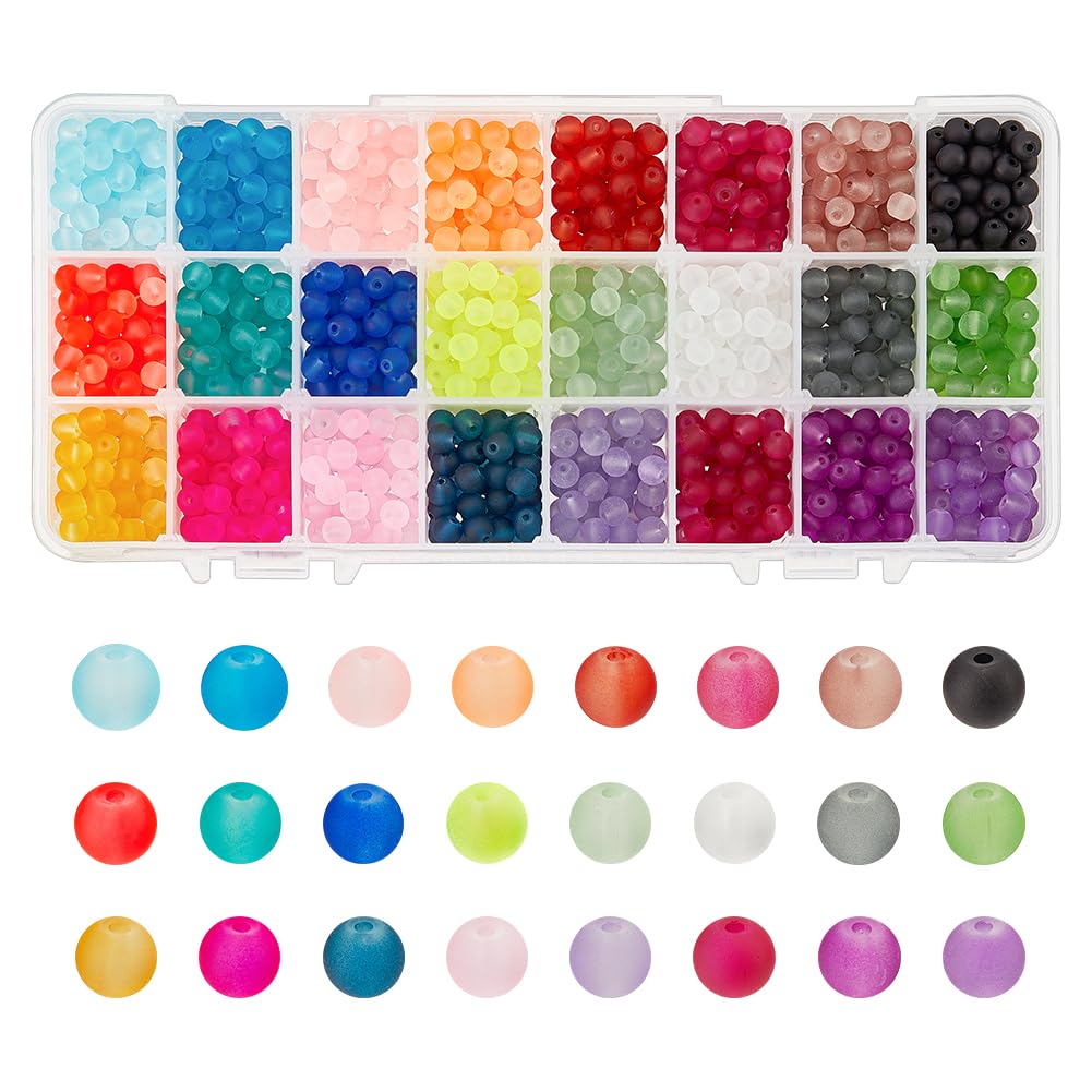 PandaHall Elite 1560pcs 24 Color Frosted Glass Beads for Jewellery Making, 6mm Candy Color Frosted Beads Bulk for Necklace Bracelets Making