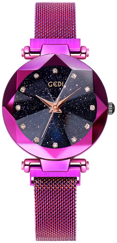 Fashion Women Rose Gold Watch Japan Quartz Stainless Steel Magnetic Mesh Band Waterproof Ladies Watches, Starry-Purple, Quartz Movement
