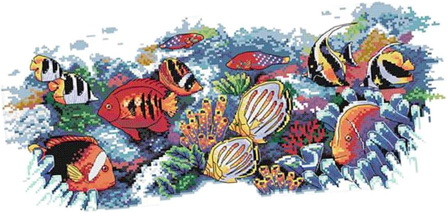 chiwanji Dimensions Stamped Cross Stitch Kit Printed Tropical Fish Cloth Needlecrafts - 61x28cm 11CT