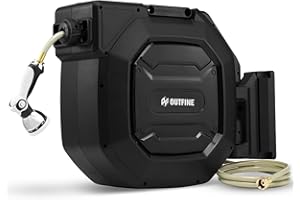 OUTFINE Heavy Duty Retractable Garden Hose Reel (1/2 150FT) Heavy Duty, Any Length Lock, Automatic Slow Return System, Wall Mounted and 180 Deg Swivel Bracket, 9 Pattern Hose Nozzle (1/2 150FT)