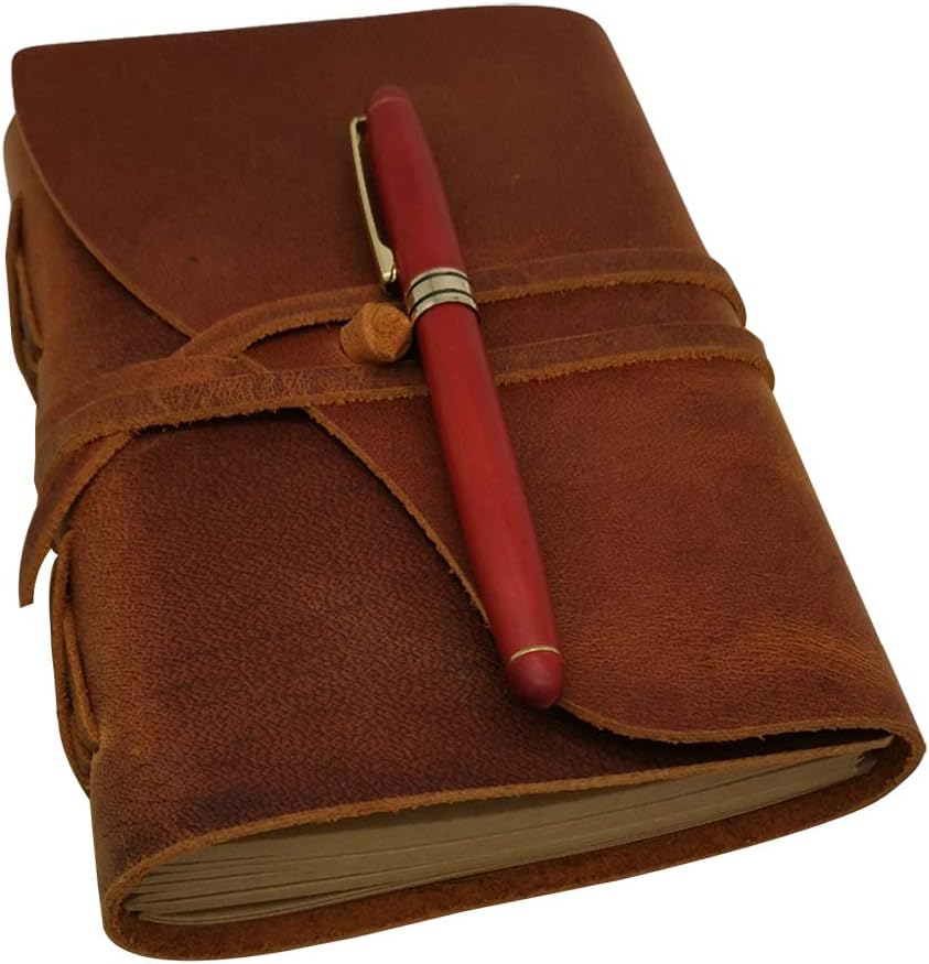 Lined Leather Journal Gift Set - Handmade Leather Bound Notebook for Men & Women Ruled Kraft Paper, 120 Sheets, 5x7 Inches, Antique Pen & Box, Brown