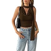 Women’s Sexy Draped Cowl Neck Halter Crop Top with Scarf Y2K Deep V Sleeveless Casual Shirt Top