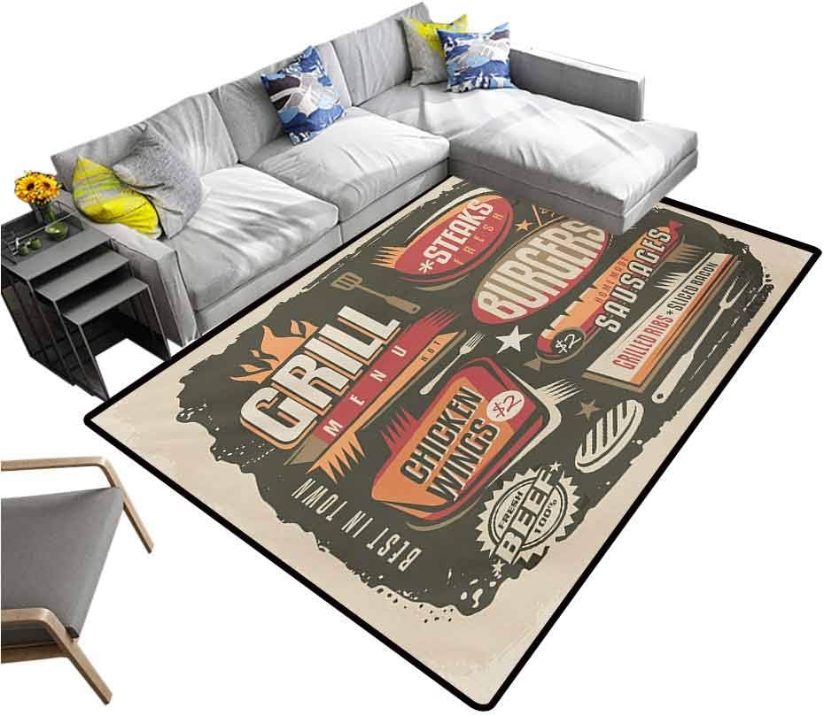 BBQ Party Carpet Grill Menu Design with Steaks Burgers Wings Sausages Ribs and Bacon Retro Effect Office Floor Mats for Carpet Multicolor (4'x6')