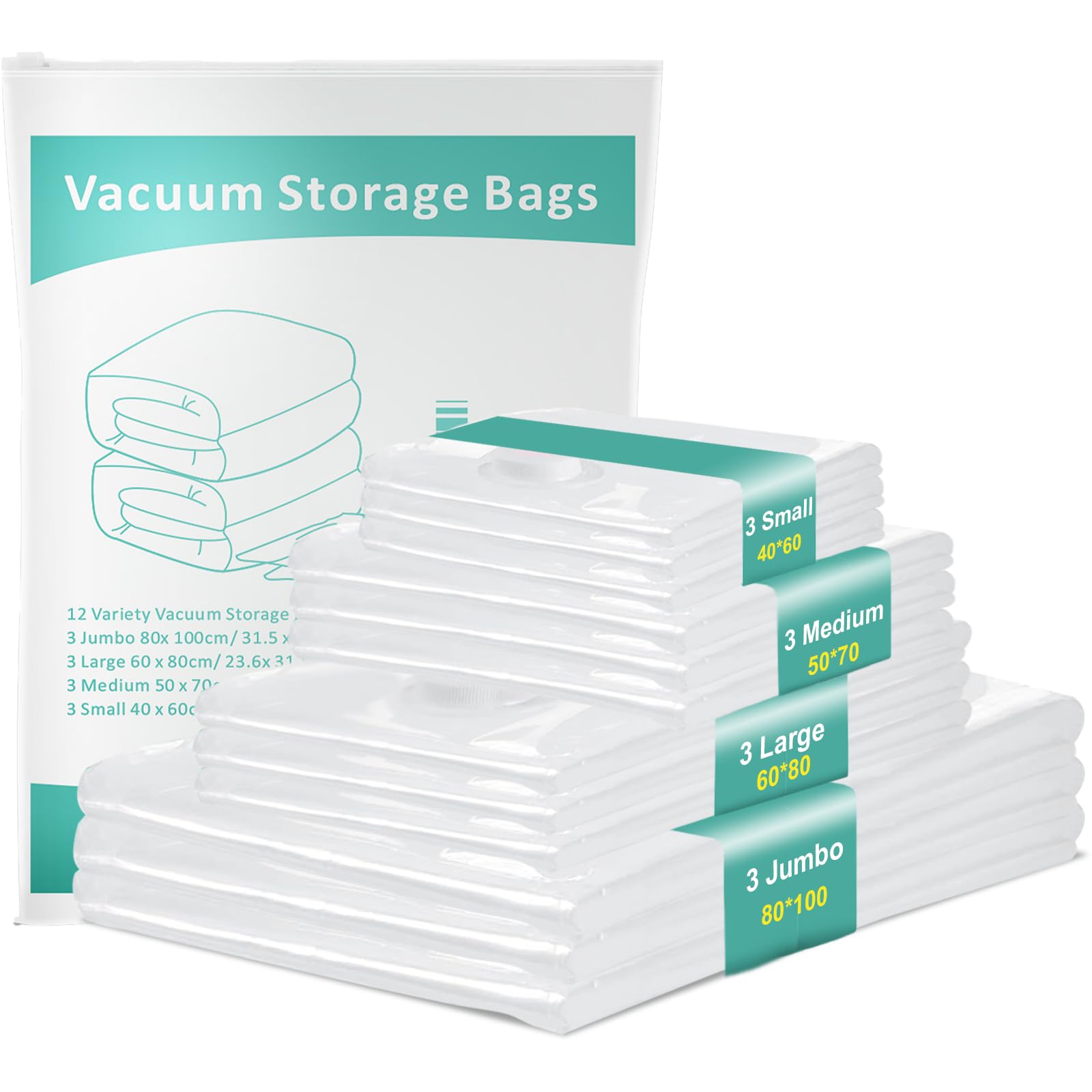 12 Vacuum Storage Bags, Saving 80% Space, 4 Different Size, Thickened Double Zip Seal And Leak-Proof Valve, Environmental Protection And Moisture Can Be Reused, Suitable For Clothing Bedding Pillow