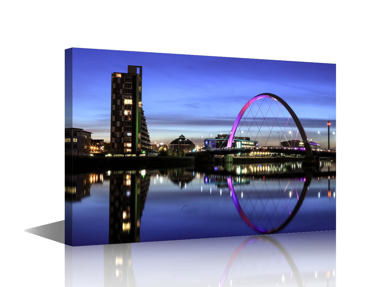 Glasgow Wall Art Cityscape Prints on Canvas Wall Paintings Clyde Arc Bridge at Night Skyline River Clyde Wall Decoration for Living Room Bedroom Framed 24"x16"