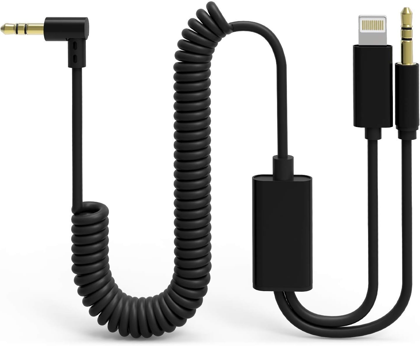 UNOOE Aux Cable for i Phone in Car, 2 in 1 Phone 8/7/6 Aux Cable for Car [Coiled+90 Degree Head] Tangle-Free Phone X/XS/MAX Aux Cord Adapter Compatible iOS Android Smartphones