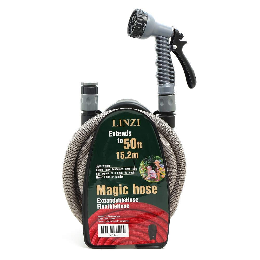 LINZI Expandable Garden Hose 15M/50FT Magic Double Latex Inner Flexible No Kink With Plastic Connectors, 7 Function Spray Gun and Holder