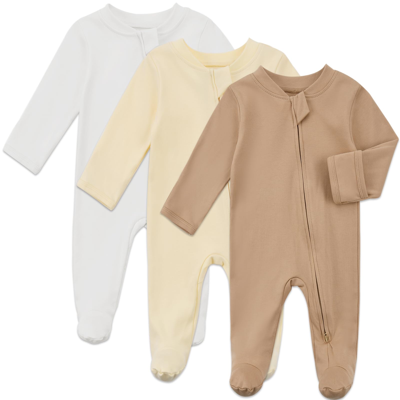 Photo 1 of Aablexema Baby Organic Cotton Footed Pajamas Zip Up Preemie Newborn One Piece Long Sleeve Onesie Pjs(White/Light Yellow/Khaki,Preemie)