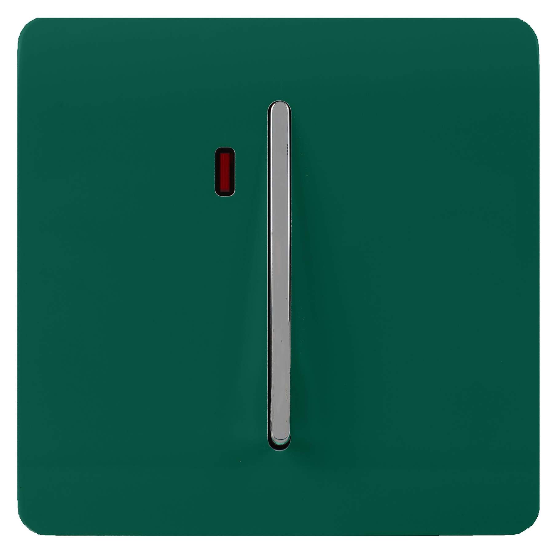 Trendi Easy to install Screwless Artistic Modern Glossy Double Pole Raised Profile 20 A 240V Tactile Chrome Single Switch with Neon Insert Dark Forest Green -ART-WHS1DG
