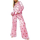 Argeousgor Women Cute Heart Silk Satin Pajamas Set Button Down Shirt Pants Cute Heart Print Pjs Lounge Set Sleepwear