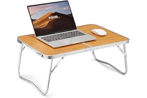 FISYOD Folding Laptop Table, Bed Table Lap Desk, Breakfast Tray Table, Portable Mini Picnic Study Reading Drawing Table, Folding in Half with Inner Storage Space (Bamboo)