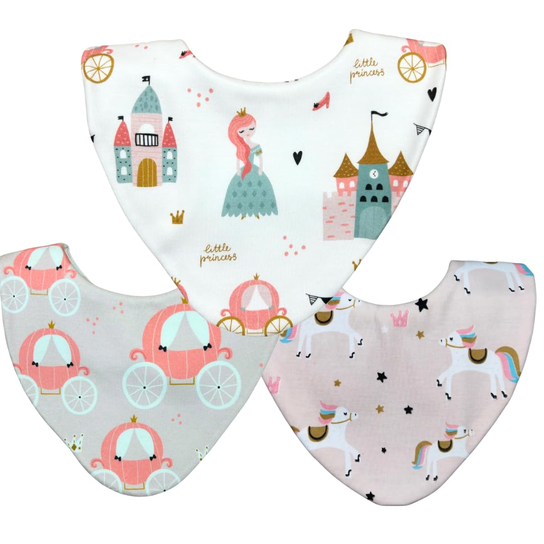 Bibbilyboo Waterproof Baby Dribble Bib, Princess 3 Pack, 0-2 Years - Highly Absorbent & Naturally Antibacterial - Adjustable, Waterproof & Breathable Fabric - Award Winning Teething Bibs
