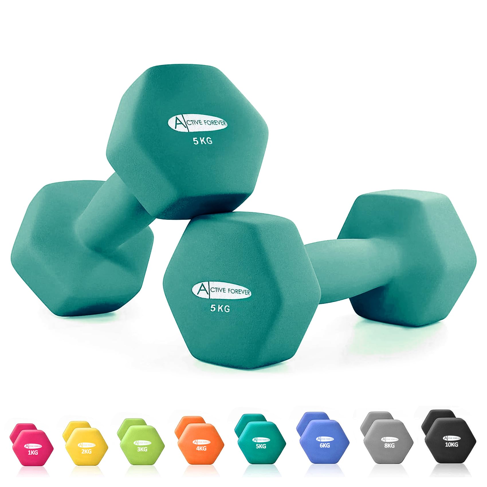 ACTIVE FOREVER Dumbbells 2×5kg, Set of 2, Hex Dumbbells Pair, Neoprene Waterproof Non-slip Dumbells Set (Dark Green)