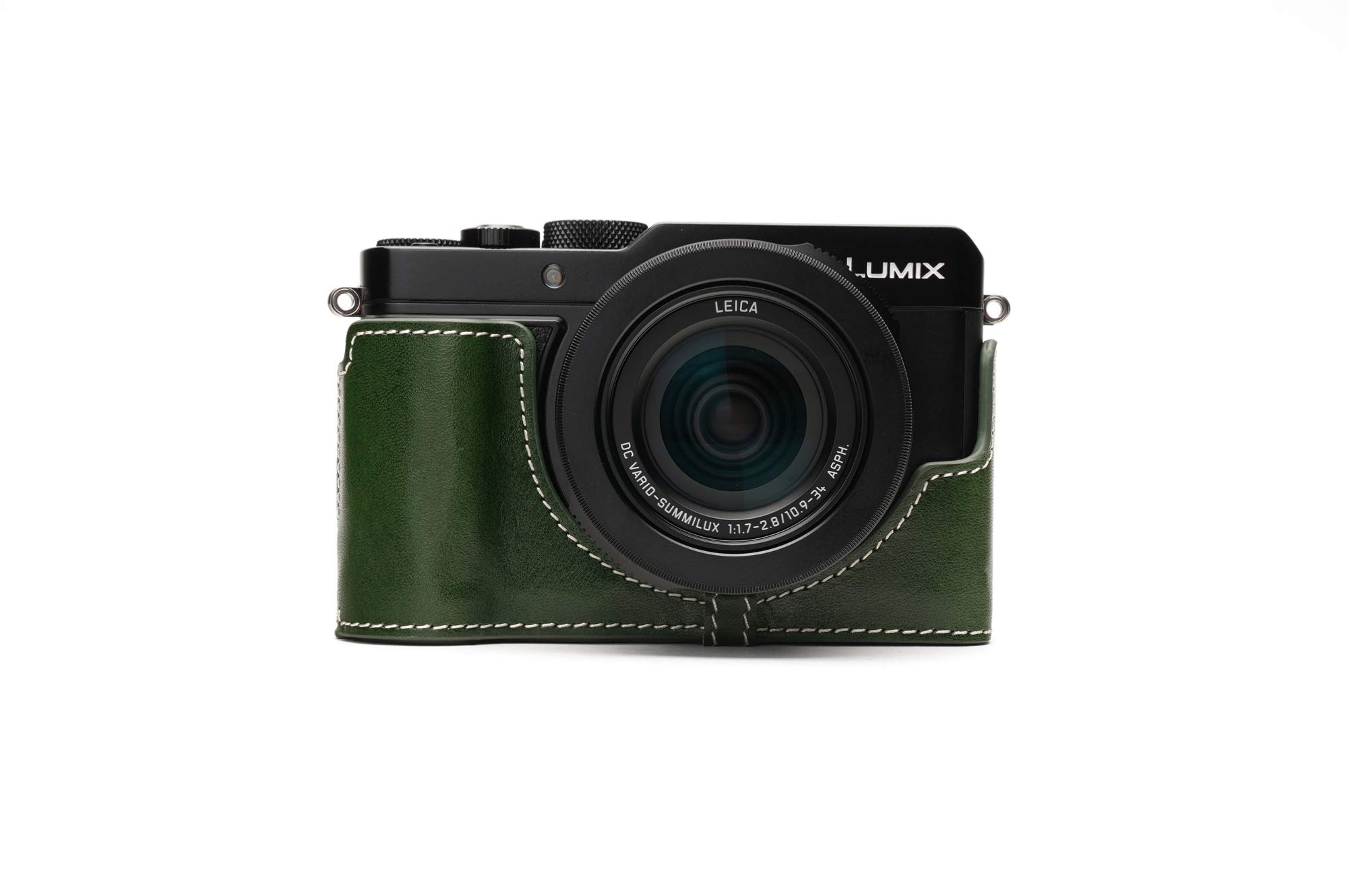 LX100 II Case, Zakao Handmade Genuine Real Leather Half Camera Case Bag Cover for Panasonic Lumix DC-LX100 II Bottom Opening Version with Hand Strap (Green)
