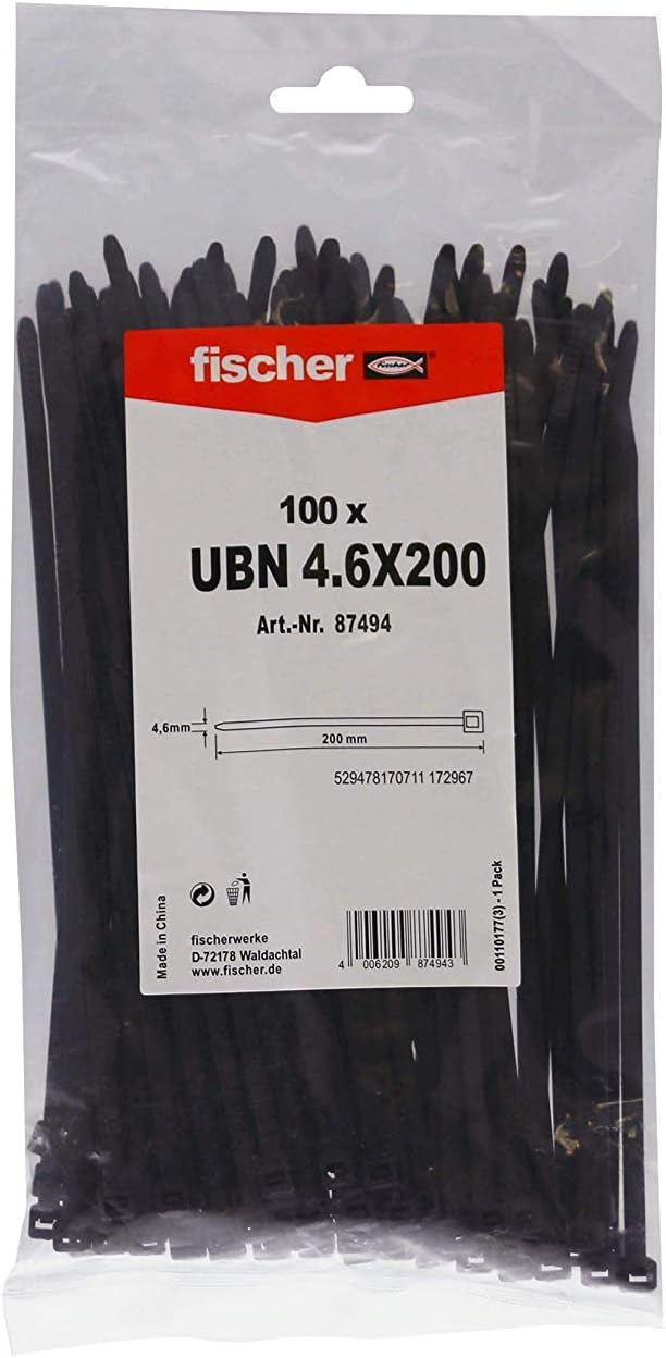 fischer Cable Tie UBN 4.6 x 200 Black, 4.6 x 200 mm
