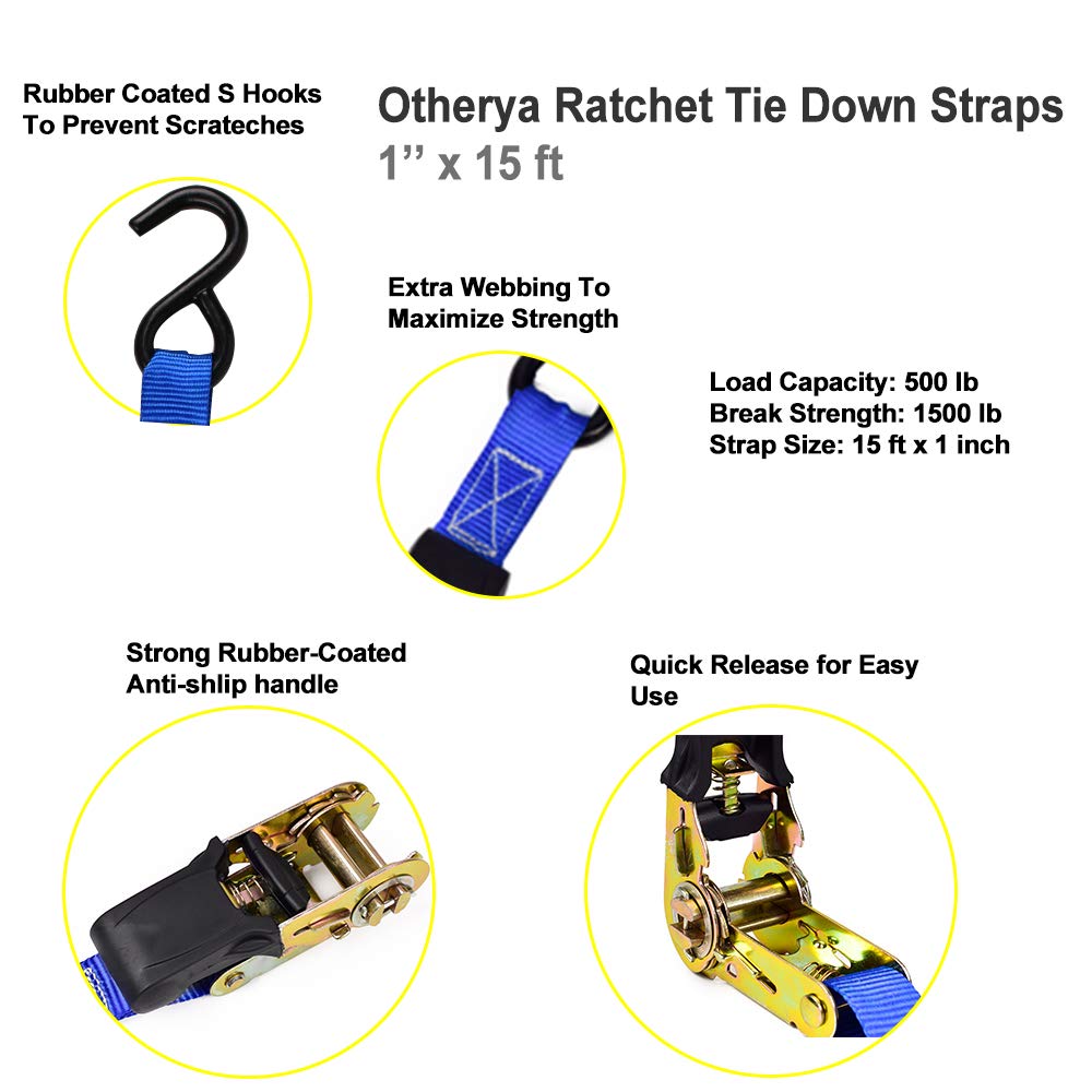 TIE Down Strap Ratchet Tie Down Straps - 4 Pk-15 Ft 1500 Lb Break Strength - Cargo Straps for Securing Motorcycle, Kayak, Truck, Trailer and Boat Lawn Equipment- Includes 4 Soft Loops