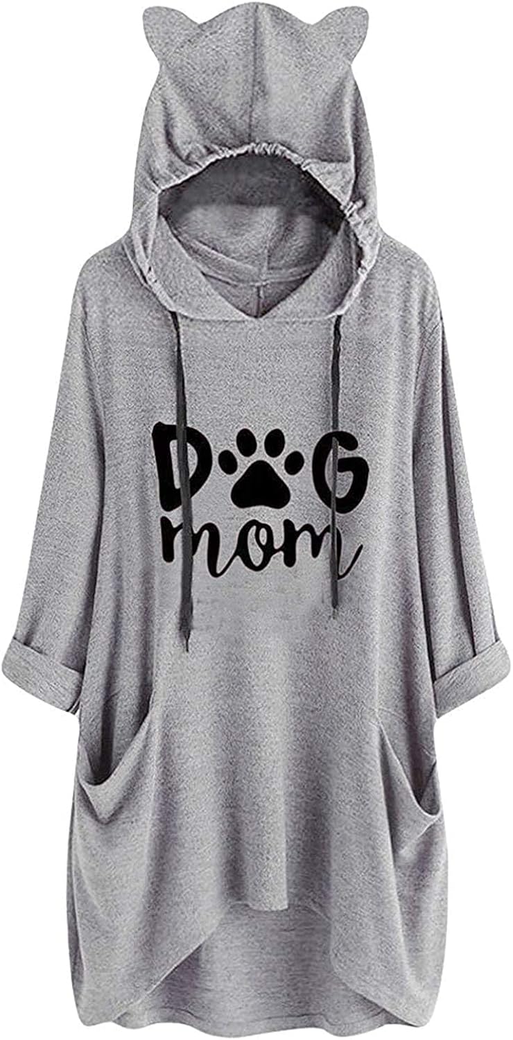 Women Sweatshirts Hoodie Cute Dog Mom with Ears Graphic Print Loose