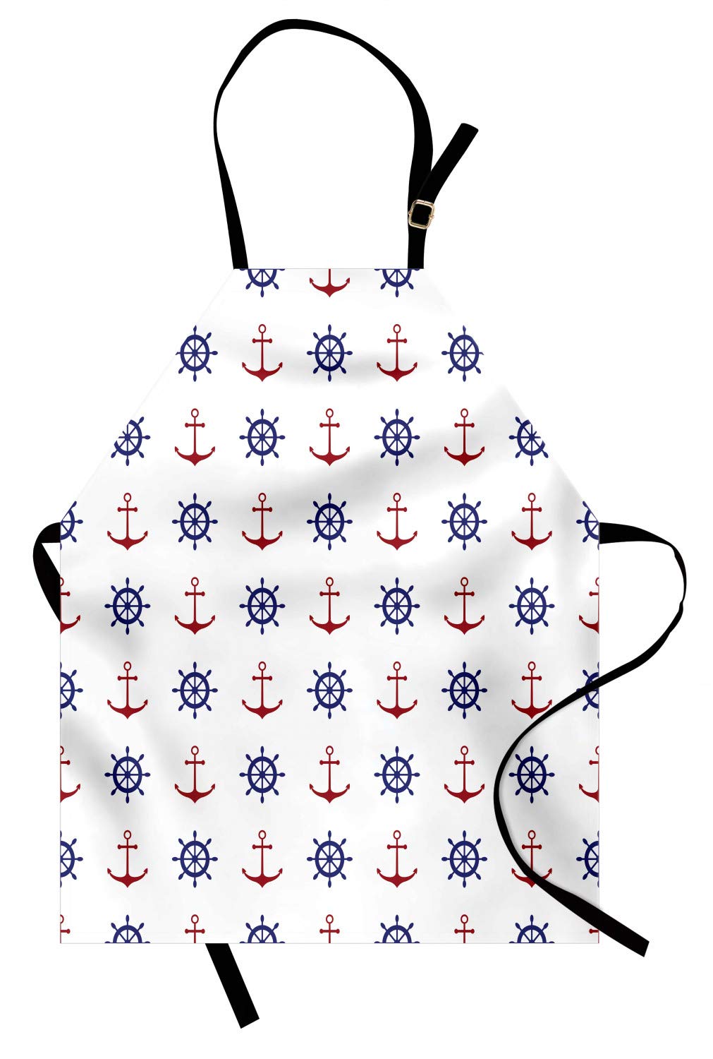 ABAKUHAUS Anchor Apron, Maritime Design Anchors and Ship Wheels on The White Background Art Print, Unisex Kitchen Bib Apron with Adjustable Neck for Cooking Baking Gardening, Navy Blue and Ruby