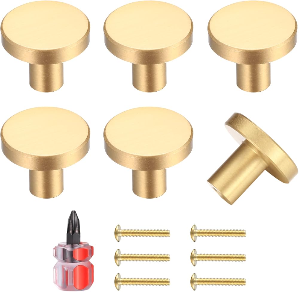 Yibaijia 6 Pcs Gold Brass Round Cabinet Knobs 20mmx25mm with Screws