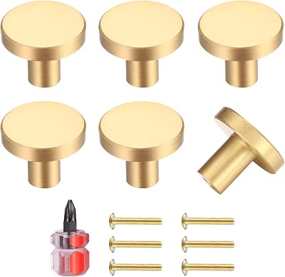 Yibaijia 6 Pcs Gold Brass Round Cabinet Knobs 20mmx25mm with Screws