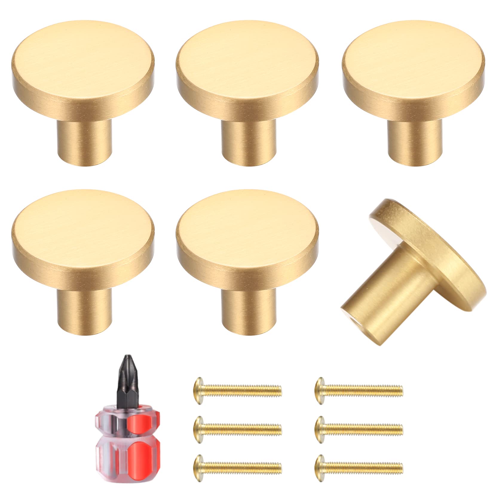 Yibaijia 6 Pcs Round Cabinet Knobs, Gold Brass Drawer Knobs, Door Kitchen Hardware Cupboard Knob, Stainless Steel Single Hole Handle with Screws for Home Decorating, Cupboard, Wardrobe (20mmx25mm)