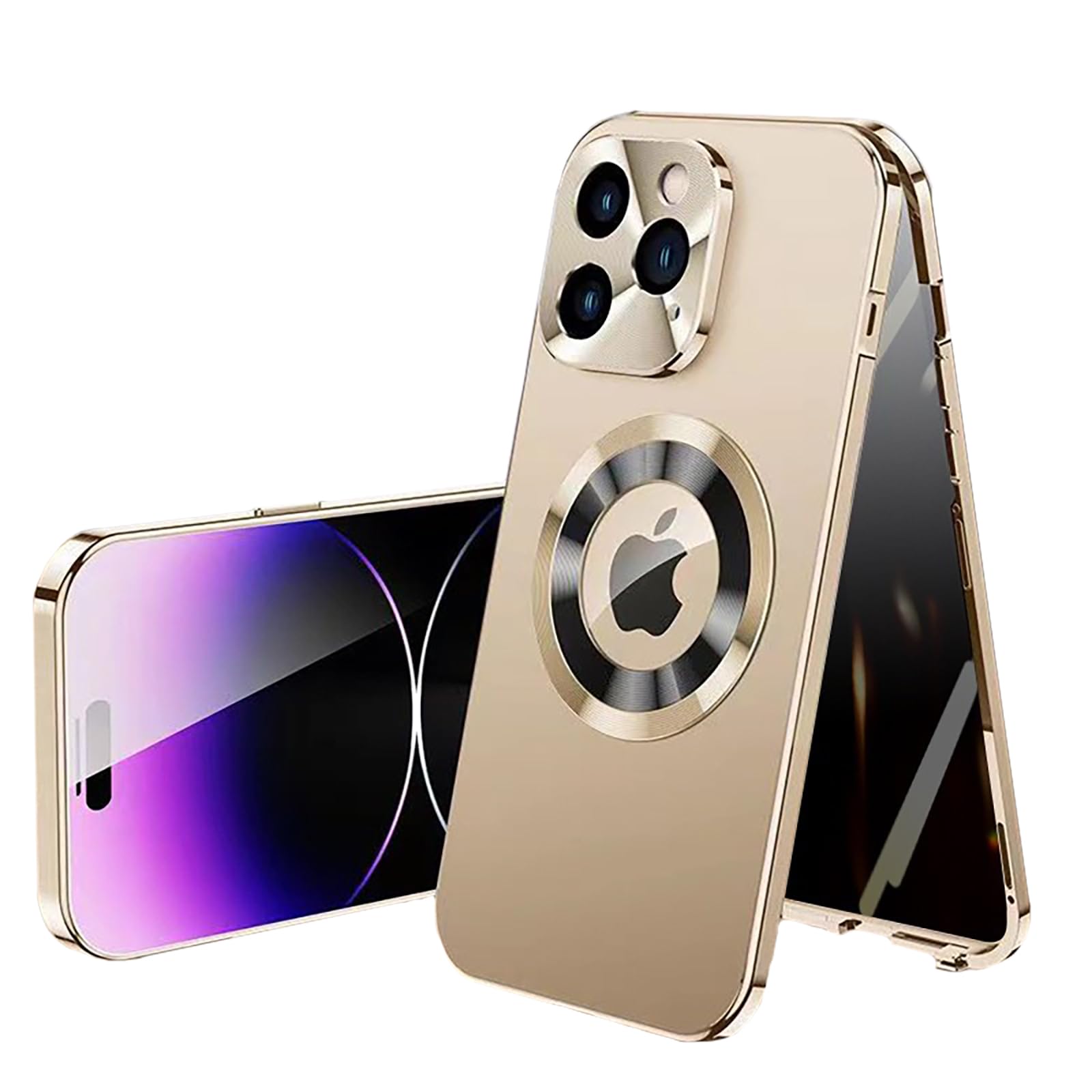 Photo 1 of HUHUCASE Metal Frame Anti-Spy Magnetic Phone Case for iPhone 12/13/14/15/16/17 Promax Double-Sided Glass Full Coverage Hard Case (Desert Gold,for iPhone14Promax)