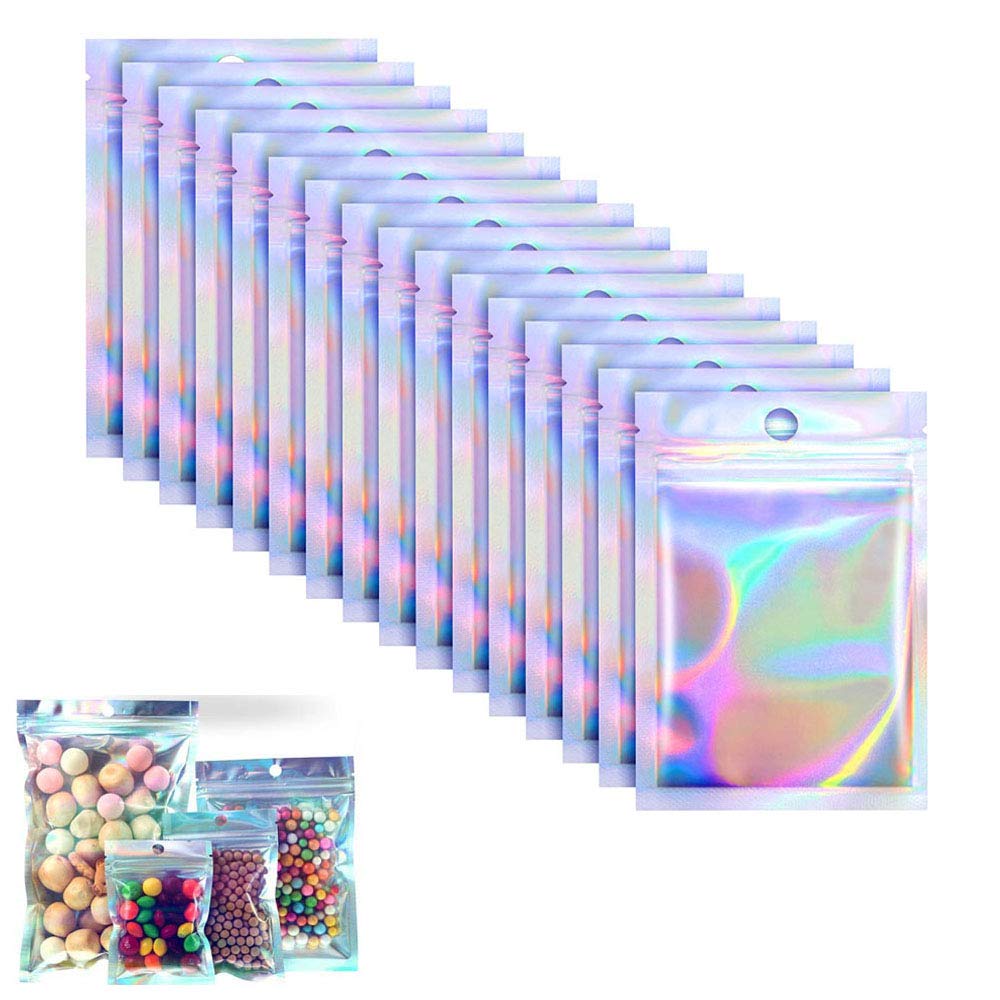 Holographic bags,holographic ziplock bags,100 Pieces Foil Ziplock Bags,Resealable Flat Foil Pouch Metallic for Party Favours Food Storage pouch bag(3 * 4.7 in)