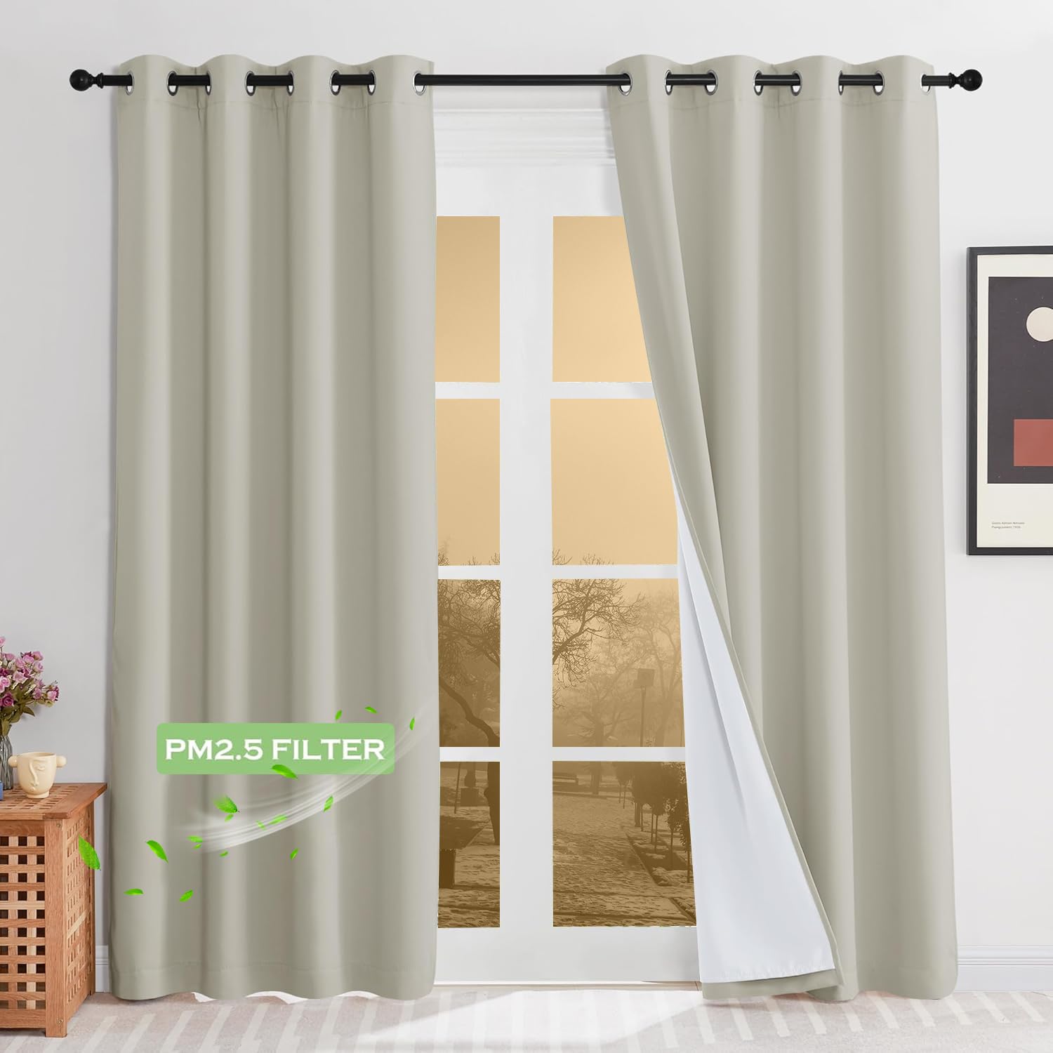 Photo 1 of KGORGE 4-in-1 Soundproof Anti Dust 100% Blackout Curtains with Melt-Blown Layer Noise Reducing Thermal Insulating Window Drapes for Bedroom Nursery, W 52 x L 84, Nature, 2 Panels