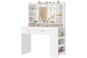 TEENFON Vanity Desk with Large Mirror & 10 Lights, Makeup Vanity with 3-Tier Open Side Storage Shelves, Vanity Table with 3 C