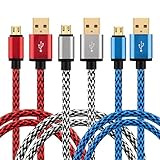 Power-7 Micro USB Cable 6Ft, Long Nylon Braided Fast Charging/Data Charger Cord for Android, Samsung Galaxy S7 S6 Edge, Nokia, LG, HTC, More (Blue/Silver/Red) Pack-3