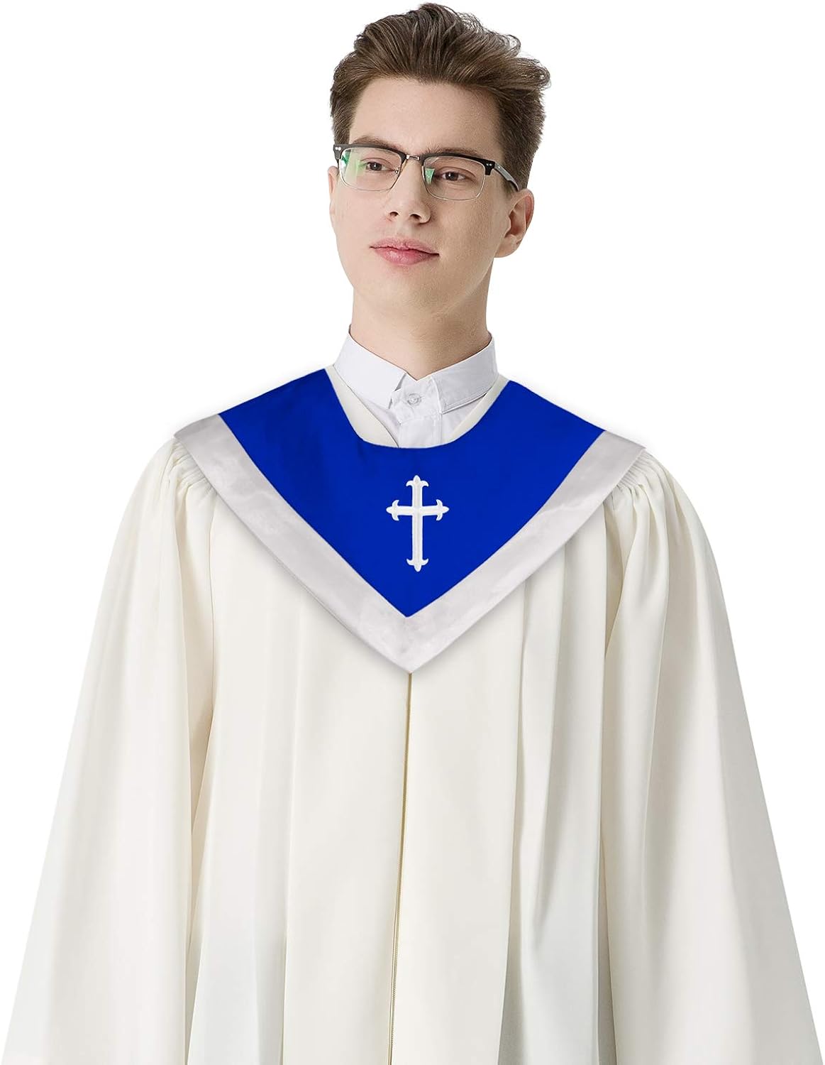 IvyRobes Unisex Reversible V Shape Choir Stole with Border Royal Blue/White: Clothing