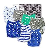Nautical Reusable Unisex Newborn Baby Cloth Pocket Diapers 7 Pack with 7 Bamboo Inserts and 1 Wet Diaper Bag, One Size Adjustable Washable Organic Diaper Set, Baby Shower & Registry Gifts