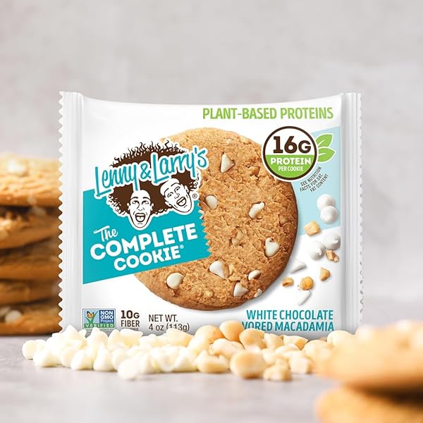 LENNY & LARRY’S PROTEIN COOKIE, [WHITE CHOCOLATE FLAVORED MACADAMIA], CHEWY SOFT BAKED, 16G PLANT PROTEIN, VEGAN, NON-GMO, HIGH FIBER, 4 OUNCE COOKIE (PACK OF 12)
