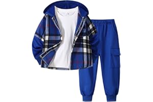 Fdqin 2Pcs Kids Boys Flannel Plaid Shirt Tops Pants Set Hoodie Sweatsuit for Fall Winter Spring Outfits 4-12 Years