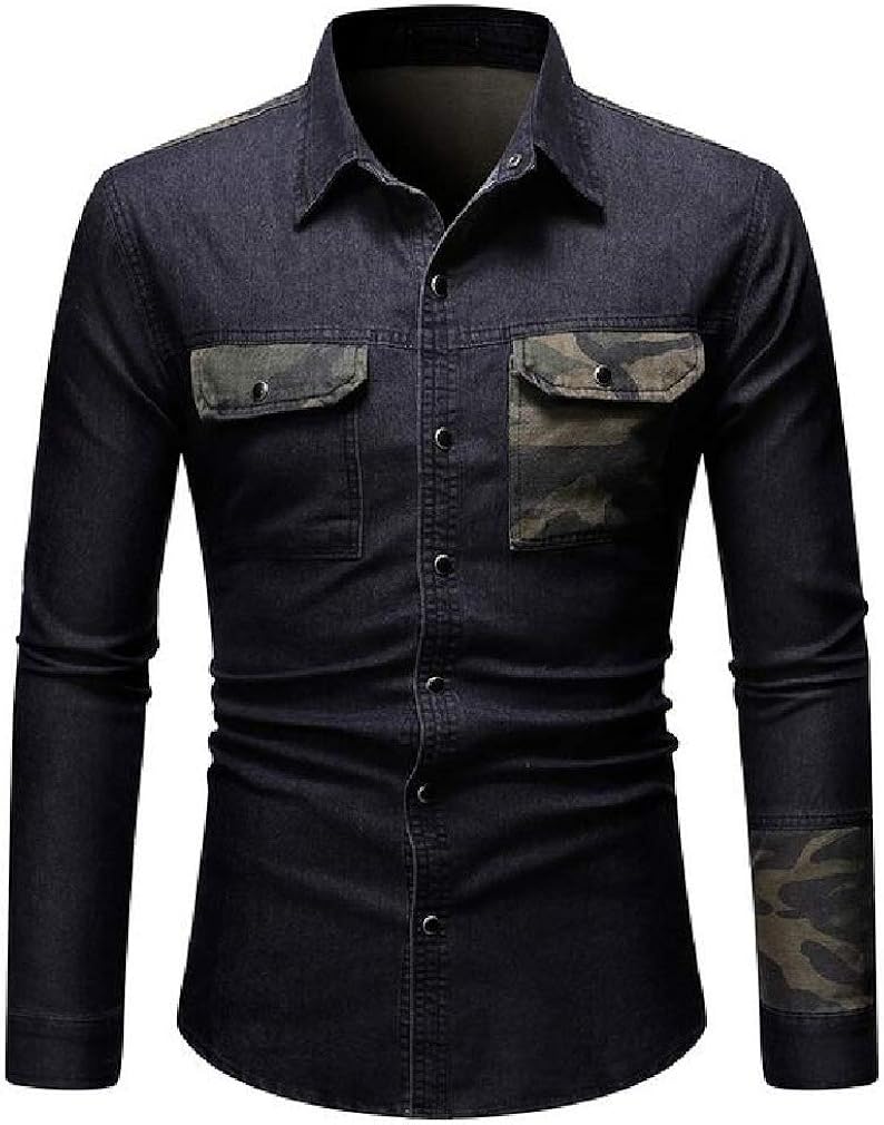 H&E Mens Long Sleeve Slim Fit Button Down Camo Patchwork Denim Work