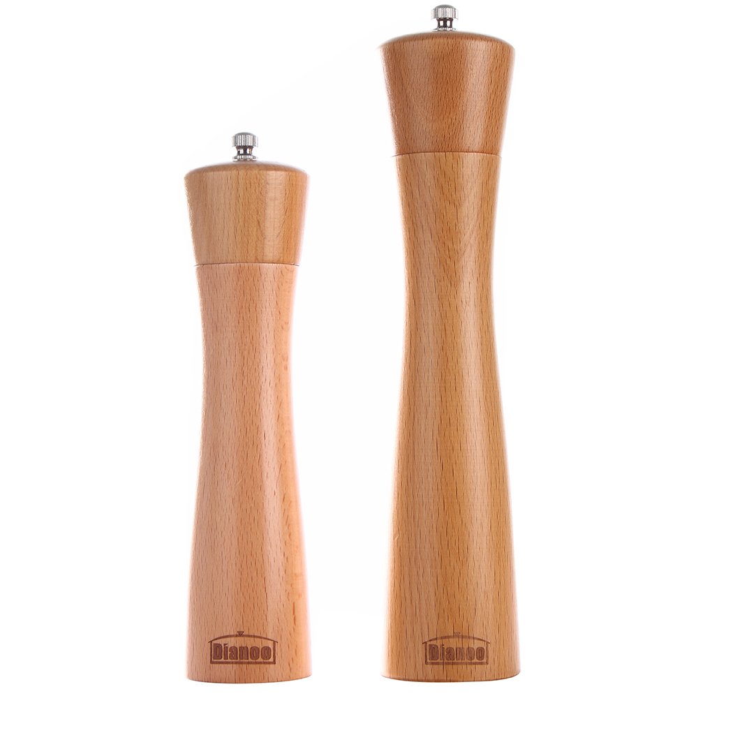 Dianoo 2PCS Wood Pepper Grinder Salt and Pepper Mill Set Wooden Adjustable Shakers with Ceramic Core 8 Inch and 10 Inch