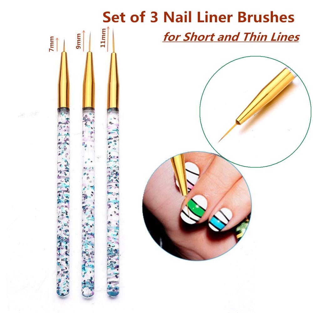 FULINJOY 8 Pcs Nail Art Brush Nail Liner Brush, Acrylic UV Gel Glitter Drawing Painting Brushes Crystal Handle Nylon Hair Carving Flower Pens Nails Tools : Beauty