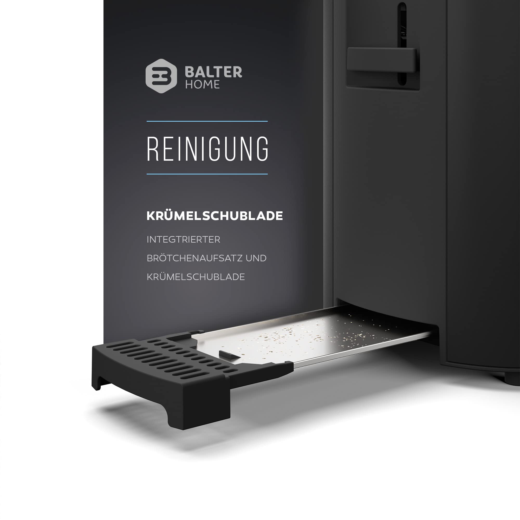 Balter Toaster 4 Scheiben, Langschlitz, Edelstahl, Brötchenaufsatz, LCD Display mit Restzeitanzeige, Auftaufunktion, Brotzentrierung, Krümelschublade, TS-04-LCD, Farbe: Schwarz 5