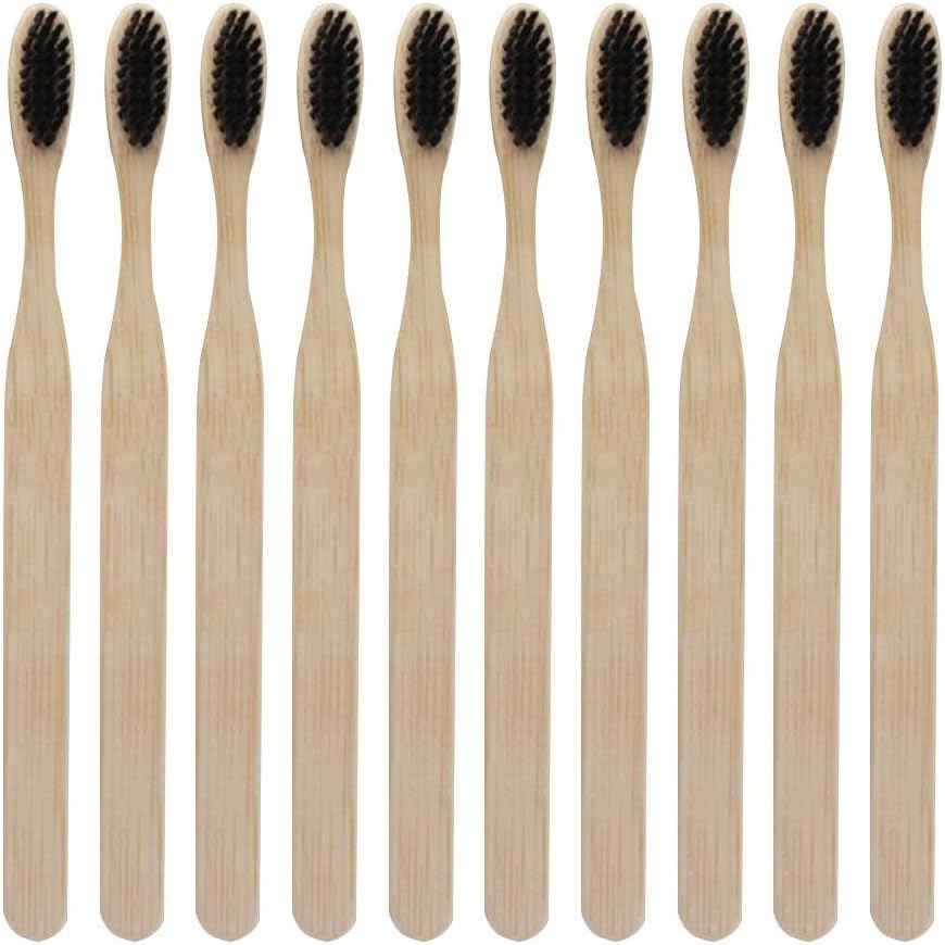 Gowind6 Bamboo Charcoal Toothbrush with Bamboo Charcoal Brush - 10 Toothbrushes | BPA Free | All Family Natural Dental Care | Organic and Natural | Biodegradable Wooden Toothbrush(Black)